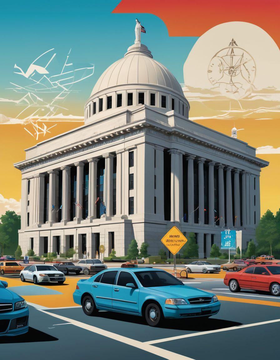 An intricate illustration of the Washington DMV building surrounded by symbols representing license renewal, such as a clock, an identification card, and a road sign. Include diverse people engaged in the process with expressions of determination and curiosity, emphasizing a community vibe. The background features iconic Washington landmarks to create a sense of place. vibrant colors. vector art.