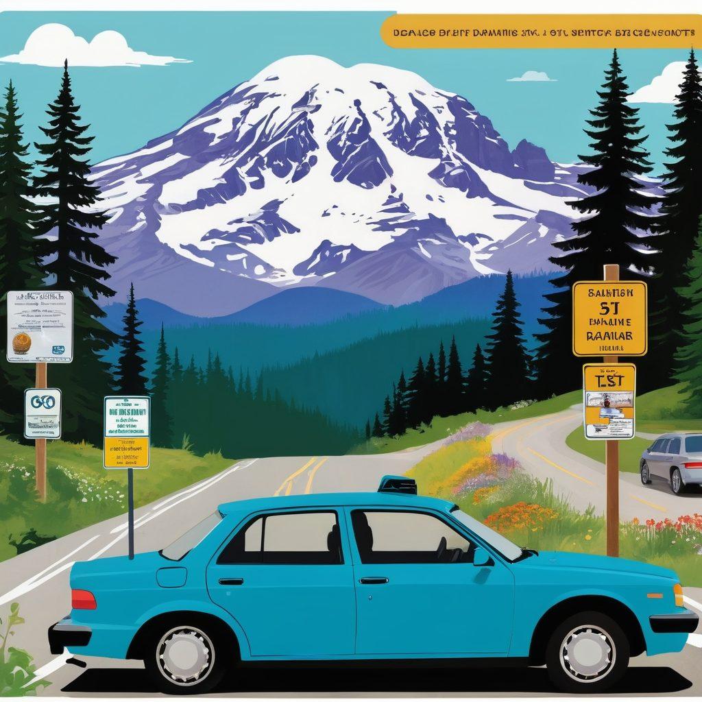 A collage depicting the steps in obtaining a Washington State driver's license, including a friendly person at a DMV counter, a car with Washington plates, nature scenery featuring Mount Rainier, and a road sign directing towards Seattle. The design should be colorful and inviting, with text bubbles highlighting tips and FAQs. vector art. vibrant colors. white background.