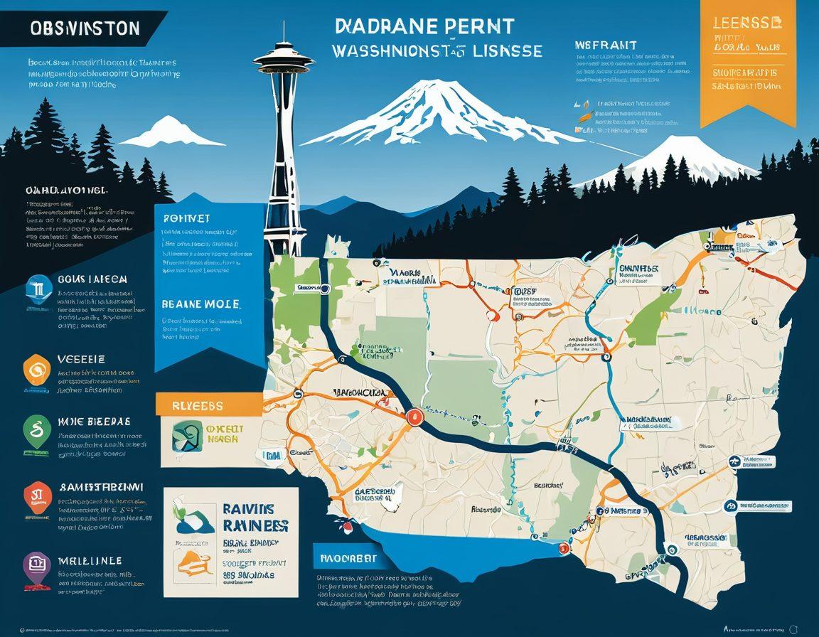 A vibrant and informative infographic showcasing a roadmap featuring key milestones in obtaining driving licenses in Washington State. Include iconic Washington landmarks like the Space Needle and Mount Rainier, combined with visual elements like permits, digital licenses, and a friendly driving instructor. The palette should be bright and engaging, blending elements of technology with traditional driving imagery. flat design. vibrant colors. white background.
